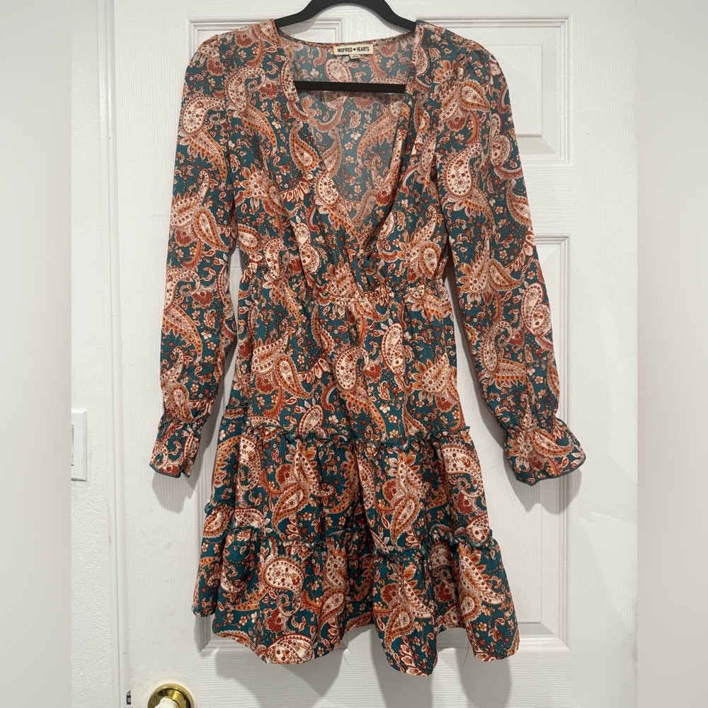 V neck Paisley Print Long Sleeve Dress with ruffles